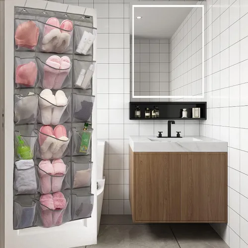 Vista 9 de Organizador de zapatos para colgar sobre la puerta, organizador de 18 bolsillos con 6 bolsillos de malla extra grandes para almacenamiento