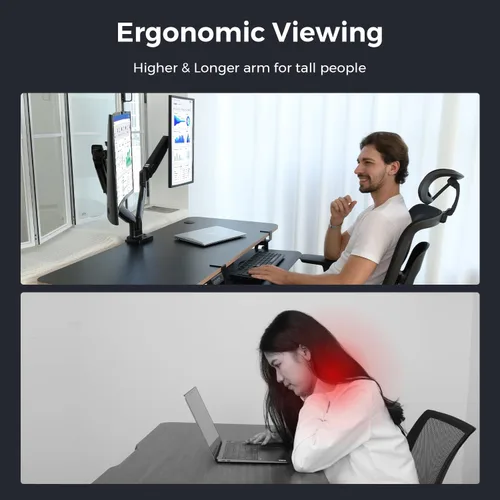 Vista 6 de Soporte de Monitor Curvo Brazo Dual para Monitor hasta Pantallas de 35", Máximo 28.6 libras Cada Una, Brazo de Monitor Ultra Ancho Resistente, Giro