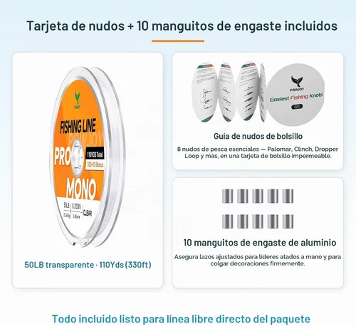 Vista 2 de Monofilament Fishing Line, Invisible Nylon Wire, Knot Guide Cards Transparente