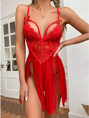 Vista 5 de Conjunto de lencería sexy de encaje para mujer, conjunto de ropa interior hueca, color sólido, cuello en V profundo, traje dividido