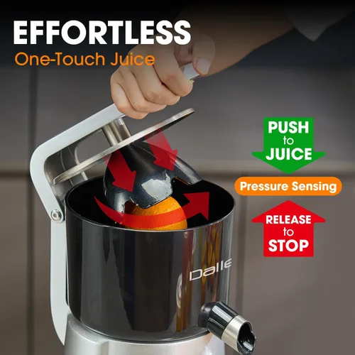 Vista 4 de DALLE Exprimidor comercial de cítricos Exprimidor de jugo de naranja, limón y pomelo desmontable con cubierta contra salpicaduras, 2 conos y 2