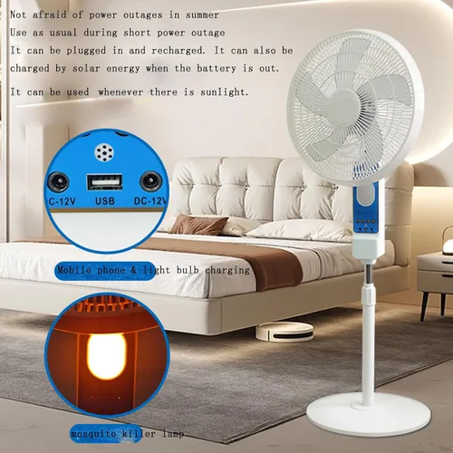 Vista 3 de Ventilador de soporte solar recargable de 16 pulgadas y 35 W, ventilador de techo solar de refrigeración de bajo consumo con panel solar, ventilador
