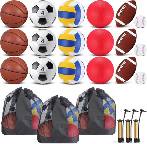 Vista 8 de Leyndo Juego de 18 pelotas deportivas para niños, tamaño oficial, baloncesto, fútbol, fútbol, parque infantil, voleibol, béisbol, equipo deportivo