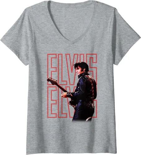 Vista 7 de Camiseta con cuello en V oficial de Elvis Presley 68 Comeback Special para mujer Negro