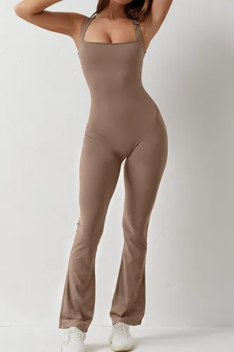 Vista 4 de QINSEN Overol acampanado para mujer, con tirantes delgados, cuello cuadrado, ajustado, largo completo, pantalones largos, traje casual