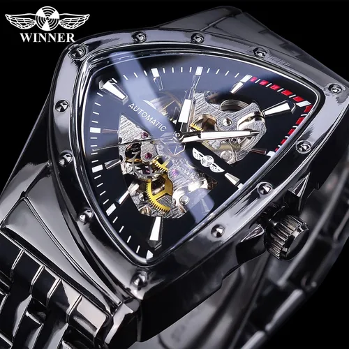 Vista 8 de FORSINING Triangle Skeleton Reloj mecánico automático para hombre, de lujo, dorado, negro, acero inoxidable, impermeable, luminoso, reloj de pulsera