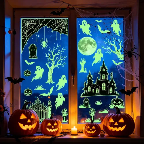 Vista 18 de 3 hojas de calcomanías luminosas de murciélago de Halloween que brillan en la oscuridad, calcomanías luminosas de murciélagos de Halloween