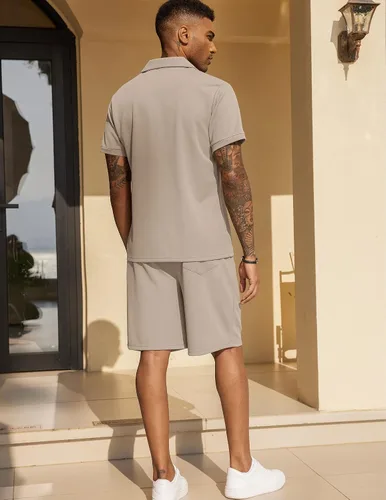 Vista 3 de COOFANDY Conjunto de camisa polo y pantalones cortos para hombre, trajes de verano de 2 piezas, pantalones cortos, trajes de moda casuales de manga