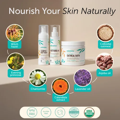 Vista 2 de Mambino Organics Juego de baño relajante, remojo de baño de avena orgánica, champú y gel de baño Soothe Me, y aceite relajante, suave para pieles