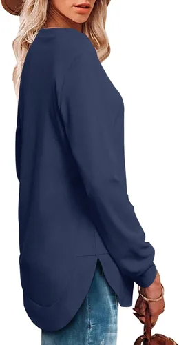 Vista 3 de OFEEFAN Sudadera de manga larga con cuello redondo para mujer, dobladillo curvado