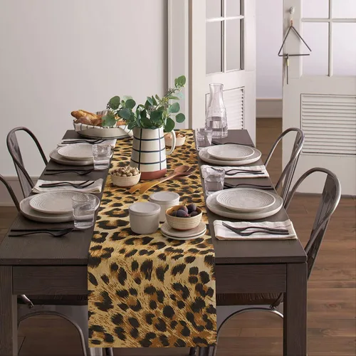 Vista 3 de Camino de mesa de comedor de lino de algodón con estampado de leopardo, decoración de safari de vida silvestre, temática de gato grande