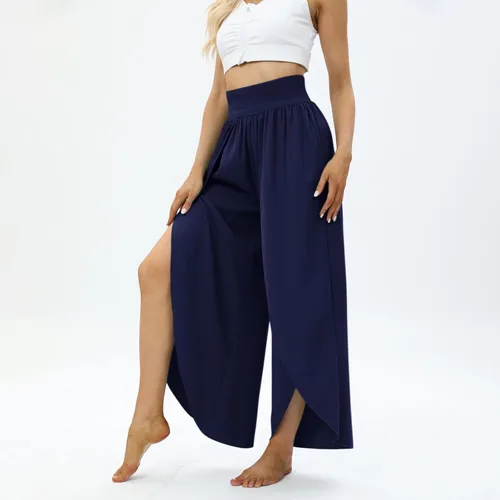 Vista 2 de Bemona Pantalones de pierna ancha para mujer, pantalones de yoga de cintura alta con aberturas, pantalones casuales de playa palazzo para mujer