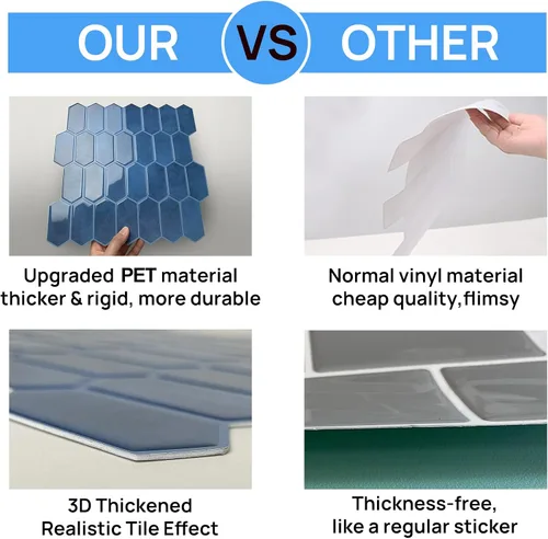 Vista 4 de Azulejos de despegar y pegar para cocina, diseño más grueso 3D autoadhesivo hexagonal largo para pared, azulejos para salpicadero, azul 10 hojas