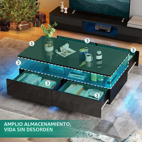 Vista 3 de YITAHOME - Mesa de café LED con almacenamiento, mesas de café LED de alto brillo para sala de estar, mesa de café negra moderna rectangular, mesa