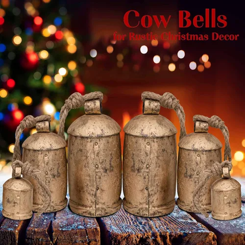 Vista 6 de AKATVA Campanas de Navidad grandes para decoración – Campanas de vaca para decoración navideña rústica – Campanas doradas para decoraciones