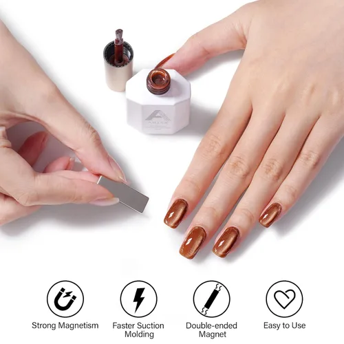 Vista 5 de AILLSA - Esmalte de uñas de gel ojo de gato color marrón con purpurina dorada con imán, esmalte de uñas de gel ámbar destello nude con cristales