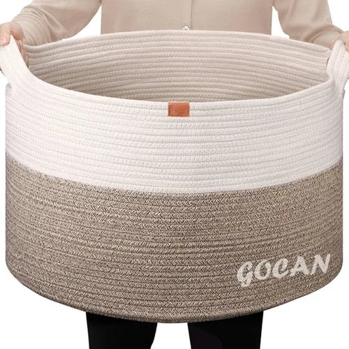 Vista 17 de GOCAN Cesta de almacenamiento extragrande para lavandería, 22 x 22 x 14 pulgadas, cesta tejida de cuerda de algodón para manta con asas para sala