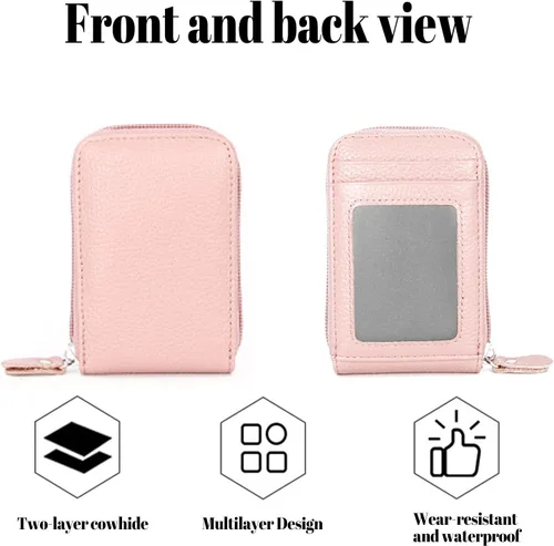 Vista 4 de WITATAOGE Tarjetero de cuero para mujer, pequeño estuche de bloqueo RFID de gran capacidad para tarjetas, Rosa Rojo, A la moda