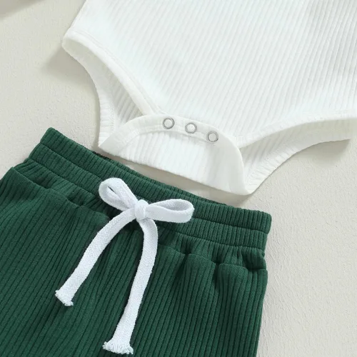 Vista 5 de Ropa de bebé recién nacido, ropa de punto acanalado, manga larga, pantalones de algodón sólido, trajes de otoño e invierno, 2 piezas