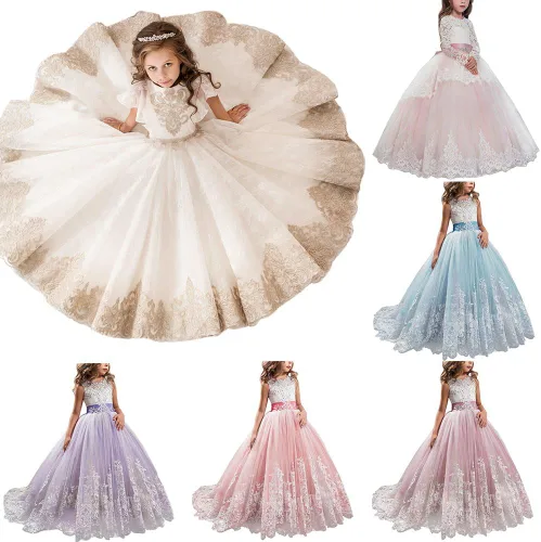 Vista 4 de Vestido largo de encaje de princesa, para comunión, vestido de tul, vestido largo con diseño de flor de encaje, para eventos formales para niñas
