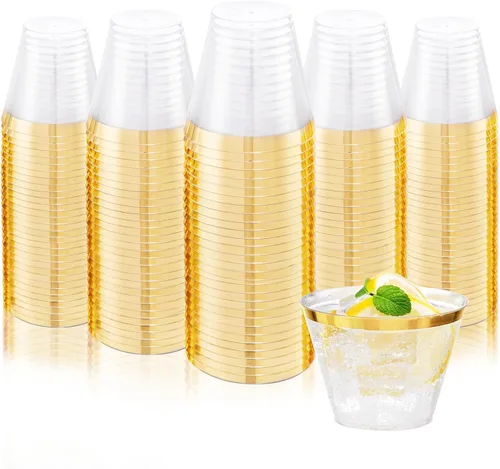 Vista 14 de Ciaell 120 vasos de plástico dorados, vasos de plástico transparente resistentes de 10 onzas con borde dorado, vasos desechables con borde dorado