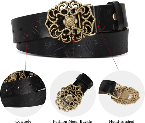 Vista 203 de Cinturón de cuero clásico con hebilla de metal para mujer con vestido de jeans
