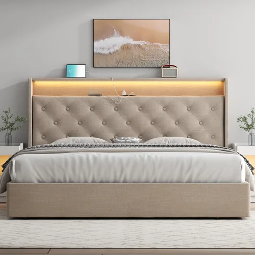 Vista 4 de Loomie Marco de Cama Queen Elevable con Estación de Carga y Luces LED, Cama Tapizada con Cabecera de Almacenamiento Capitoné con Respaldo Alto