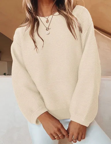 Vista 2 de ZESICA Women's 2024 Crew Neck Long Lantern Sleeve Casual Loose Ribbed Knit Solid Soft Pullover Sweater Tops