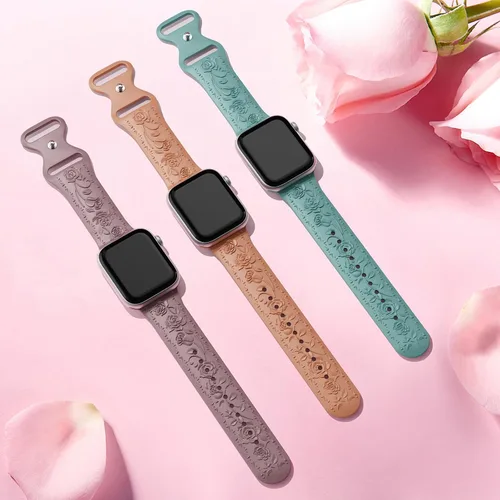 Vista 4 de Correa de silicona suave con grabado floral compatible con Apple Watch Band de 1.575 in, 1.614 in, 1.496 in, 1.654 in, 1.732 in, 1.772 in y 1.929 in