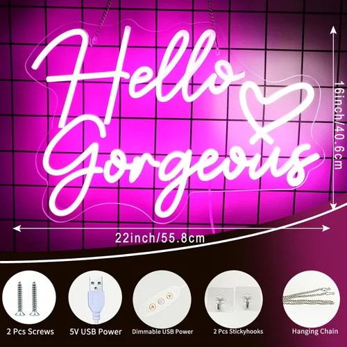 Vista 3 de Neonwall - Letrero de neón con texto en inglés "Hello Gorgeous para bodas, decoración de habitación de dormitorio, fiesta de cumpleaños, centro