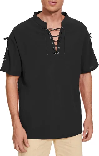 Vista 2 de Camisa pirata para hombre renacentista medieval retro steampunk gótico vikingo con cordones camiseta Ren Faire disfraz de Halloween