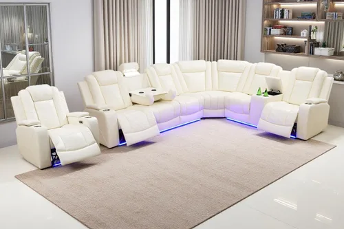 Vista 38 de Juego de sofá de cuero transpirable con puerto USB, 5 sofás seccionales reclinables en forma de L y 2 sillas, juego de sofá seccional reclinable