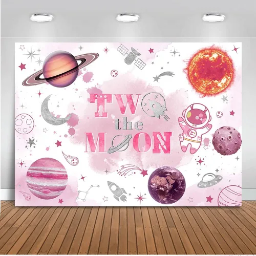 Vista 8 de Mocsicka Telón de fondo con texto en inglés «Two The Moon» para fiesta de segundo cumpleaños, espacio exterior, decoración de fondo del espacio Azul