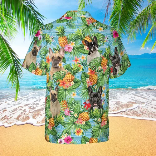 Vista 2 de Amantes de perros Tropicales Frangipani camisa hawaiana manga corta impresa botón abajo verano playa vestido camisas serie 226