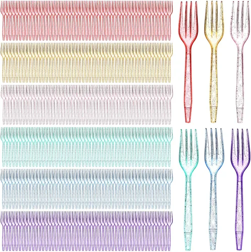 Vista 10 de Tioncy 360 tenedores de plástico arcoíris desechables a granel, cubiertos de plástico coloridos para fiestas de verano, picnic, camping, restaurante