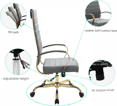 Vista 8 de LeisureMod Silla de oficina moderna de cuero con respaldo alto, silla de escritorio ejecutiva giratoria y ajustable con marco dorado, diseño Gris