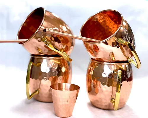 Vista 4 de Moscow Mule - Juego de 4 tazas de cobre + 4 pajitas de cobre reutilizables + 4 posavasos + 1 taza de doble tiro con hermosa caja de regalo, taza