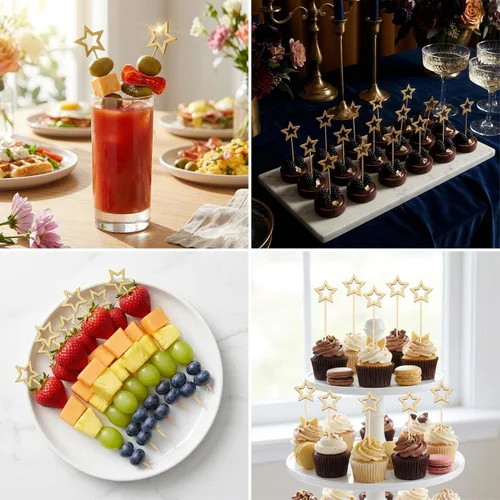 Vista 5 de Palillos de Cóctel Gold Star, Mondadientes Decorativos de 5.5 Pulgadas de Largo para Aperitivos, Frutas y Adorno de Bebidas, Suministros de Fiesta
