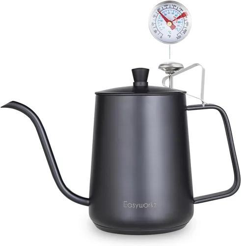 Vista 10 de Easyworkz Gage - Hervidor de café de cuello de cisne de 20 onzas con termómetro de acero inoxidable con boquilla larga y estrecha Negro