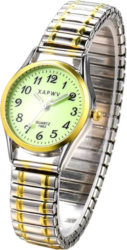 Vista 23 de JewelryWe Reloj de lectura fácil ultrafino para mujer con correa elástica de tono dorado/plateado
