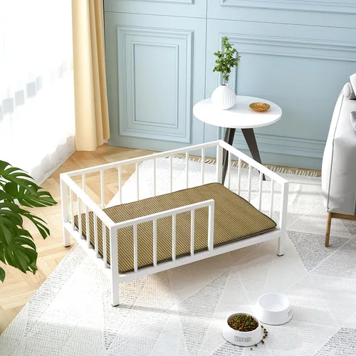 Vista 5 de OSCHF Cama para perros con rieles, marco de cama elevado de metal para mascotas con tabla de madera maciza y alfombrilla suave lavable para perros