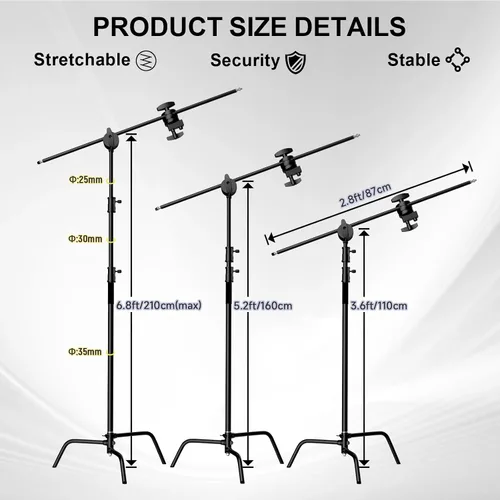 Vista 3 de Soporte C resistente con brazo de pluma, soporte de luz de acero inoxidable Negro