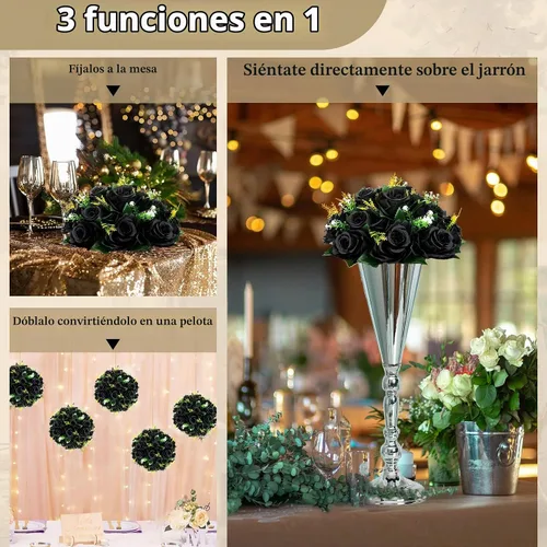 Vista 5 de NUPTIO Rosas Artificiales Negras Flores: Ramo de Flores Falsas Decoraciones de Halloween - 15 Cabezas Centros de Mesa de Rosas Artificiales con Base
