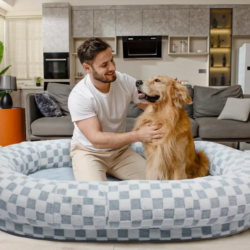 Vista 7 de Cama humana para perros de 74 x 50, tumbona impermeable de espuma viscoelástica, rejilla azul Cama de espuma viscoelástica de gran