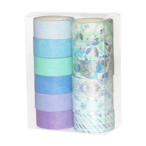 Vista 6 de YUBBAEX - Juego de 12 rollos de cinta Washi azul plateada, cinta adhesiva decorativa (mezcla azul)