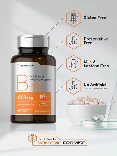 Vista 9 de Horbäach Vitamina B12 1000 mcg Sublingual 400 Comprimidos de Disolución Rápida Suplemento de Metilcobalamina para Mujeres y Hombres Sabor a