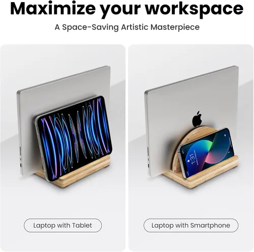 Vista 7 de Kothar Soporte vertical de madera prémium para laptop, soporte de bambú ajustable de una sola ranura para MacBook, Dell, HP y más Organizador
