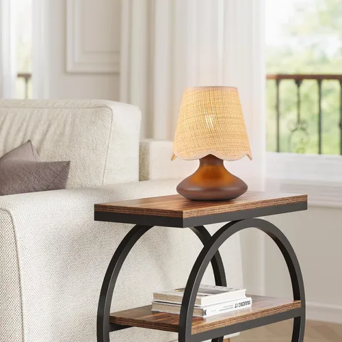 Vista 6 de TAKEGO Pequeña lámpara de mesa con base de madera, lámpara con pantalla de ratán mini para mesita de noche, lámpara de estilo granja vintage, mini