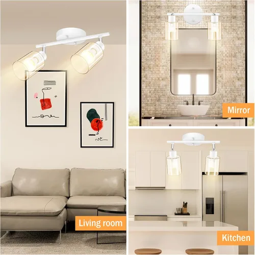 Vista 8 de BoostArea Lámparas de baño de 2 luces, modernas luces blancas de pared con pantalla de vidrio transparente, luz de techo flexible para espejo