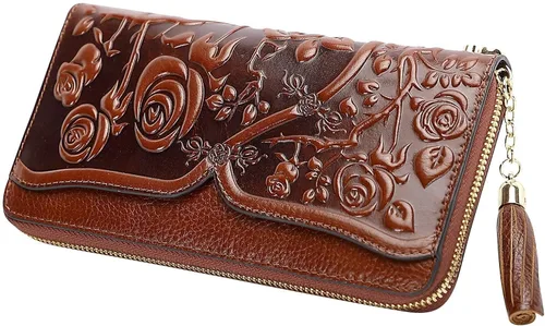 Vista 7 de PIJUSHI Bolsos de diseñador para mujer monederos florales con asa superior bolsos de cuero genuino para mujer cartera floral para mujer monederos